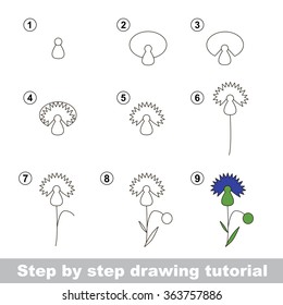 Step by step drawing tutorial. Vector kid game. How to draw a Cornflower