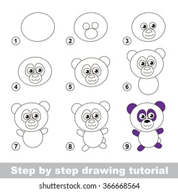 Step by step drawing tutorial. Visual game for kids. How to draw a Panda