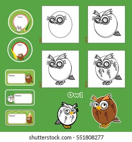 Step by step drawing tutorial. Visual game for kids. How to draw an owl .funny animals and tags and labels