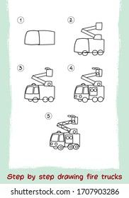 Step By Step Drawing Vehicle. Easy To Drawing Fire Trucks For Children. Transportation Cartoon