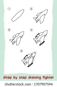 Vehículo de dibujo paso a paso. Fácil De Dibujar Jet Para Los Niños. Caricatura de transporte