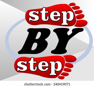 Step by step emblem for workflow presentation with red footprints