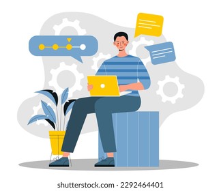Concepto de relleno paso a paso. Un hombre con laptop inicia sesión en el sitio web y agrega información sobre él, llena el perfil o cuenta. Inscripción en Internet. Dibujo vectorial plano de dibujos animados