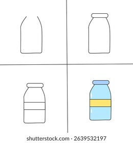 Step by step Flat Cartoon Medicine Bottle Icon with Colorful Label for Healthcare, Pharmacy, Supplement Packaging and Medical Illustration