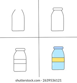 Step by step Flat Cartoon Medicine Bottle Icon with Colorful Label for Healthcare, Pharmacy, Supplement Packaging and Medical Illustration	