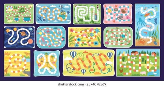 Step by step game. Maze map of fantasy board games for kids recent vector colorful illustrations with place for text and pictures