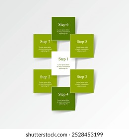 Step by step green infographic template with 7 steps, options, parts or processes.