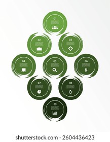 Step by step green infographic template with 9 options, parts or processes.