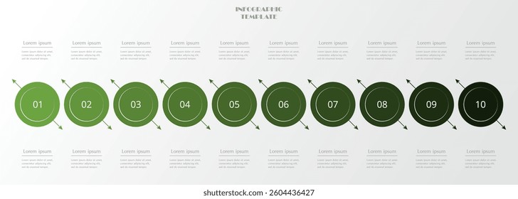 Step by step green infographic template with 10 options, parts or processes.