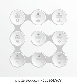 Step by step grey infographic template with 9 steps, options, parts or processes.