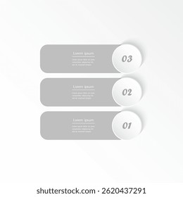 Passo a passo modelo infográfico vertical cinza com 3 opções, partes ou processos.