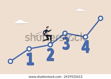 Step by step guide to success, business manual, instruction or guideline, lesson concept, smart businessman running on guideline number chart from 1 to 4.