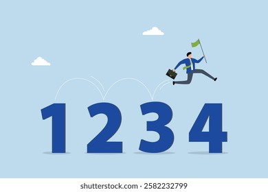 Step by step guide to success, smart businessman jumping on guideline number from 1 to 4