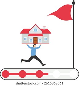 Step by step home investment. businessman with a house running on the progress bar. vector stock illustration


