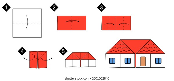 Step by step how to make origami house. Vector blzck line color instructions illustration. Home DIY.