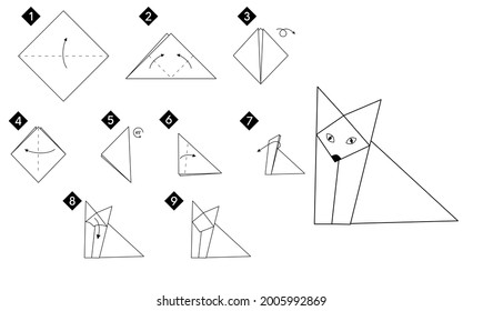 Step by step how to make origami fox . Vector monochrome instructions illustration. Black and white paper DIY.