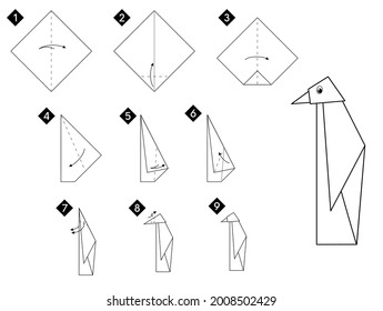 Step by step how to make origami penguin bird . Vector monochrome instructions illustration. Black and white paper DIY.