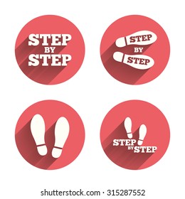 Step by step icons. Footprint shoes symbols. Instruction guide concept. Pink circles flat buttons with shadow. Vector