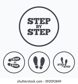 Step By Step Icons. Footprint Shoes Symbols. Instruction Guide Concept. Icons In Circles.