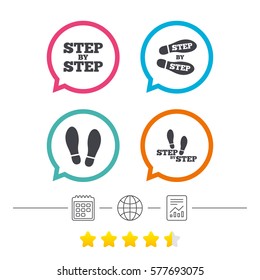 Step by step icons. Footprint shoes symbols. Instruction guide concept. Calendar, internet globe and report linear icons. Star vote ranking. Vector