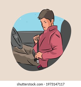 Step by step illustration process of man wearing seat belt before driving to keep safe and secure inside the car