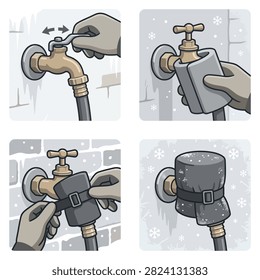 Step by step illustration showing how to insulate an outdoor faucet to prevent freezing during winter.