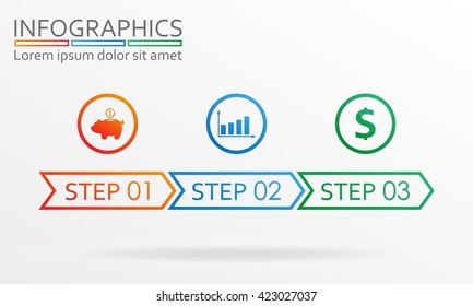 Step by step info graphics. Three steps infographics template. Vector illustration.
