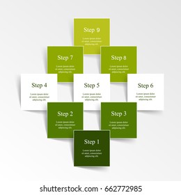 Step by step infographic design. Boxes on simple background with 9 numbers and text can be used for workflow layout, diagram, chart, number options, web design, business presentation, trainings