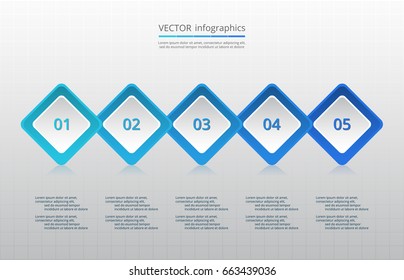 Step by step infographic design. Boxes on simple background with 5 numbers and text can be used for workflow layout, diagram, chart, number options, web design, business presentation, trainings