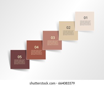 Step by step infographic design. Boxes on simple background with 5 numbers and text can be used for workflow layout, diagram, chart, number options, web design, business presentation, trainings