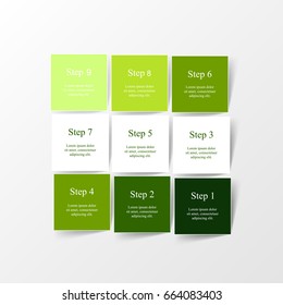 Step by step infographic design. Boxes on simple background with 9 numbers and text can be used for workflow layout, diagram, chart, number options, web design, business presentation, trainings