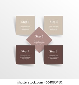 Step by step infographic design. Boxes on simple background with 5 numbers and text can be used for workflow layout, diagram, chart, number options, web design, business presentation, trainings