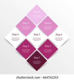 Step by step infographic design. Boxes on simple background with 9 numbers and text can be used for workflow layout, diagram, chart, number options, web design, business presentation, trainings