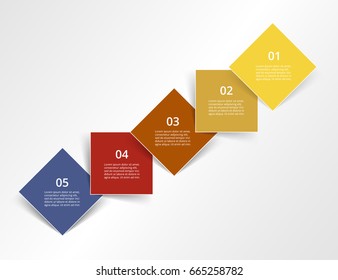 Step by step infographic design. Boxes on simple background with 5 numbers and text can be used for workflow layout, diagram, chart, number options, web design, business presentation, trainings