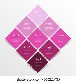 Step by step infographic design. Boxes on simple background with 9 numbers and text can be used for workflow layout, diagram, chart, number options, web design, business presentation, trainings.
