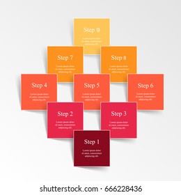 Step by step infographic design. Boxes on simple background with 9 numbers and text can be used for workflow layout, diagram, chart, number options, web design, business presentation, trainings.