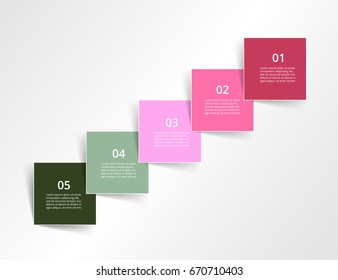Step by step infographic design. Boxes on simple background with 5 numbers and text can be used for workflow layout, diagram, chart, number options, web design, business presentation, trainings