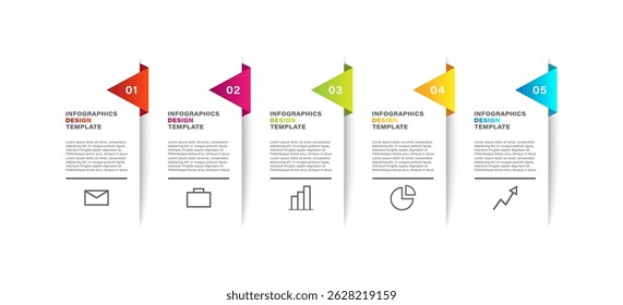 Step by step infographic design template. Five steps, instruction or presentation with icons and text