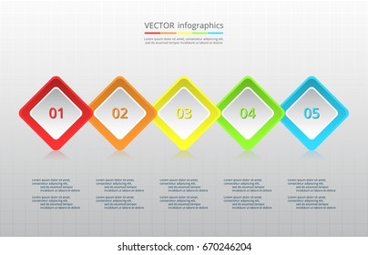 Step by step infographic design. Timeline template with 5 numbers and text can be used for workflow layout, diagram, chart, number options, web design, business presentation, trainings.