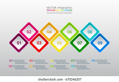 Step by step infographic design. Timeline template with 9 numbers and text can be used for workflow layout, diagram, chart, number options, web design, business presentation, trainings.