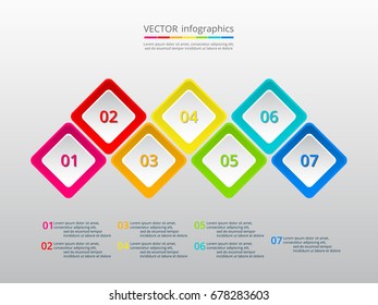 Step by step infographic design. Timeline template with 7 numbers and text can be used for workflow layout, diagram, chart, number options, web design, business presentation, trainings.