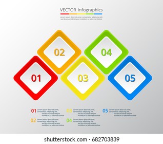 Step by step infographic design. Timeline template with 5 numbers and text can be used for workflow layout, diagram, chart, number options, web design, business presentation, trainings.