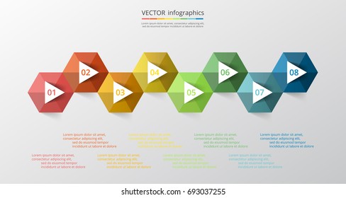Step by step infographic design. Timeline template with 8 numbers and text can be used for workflow layout, diagram, chart, number options, web design, business presentation, trainings.