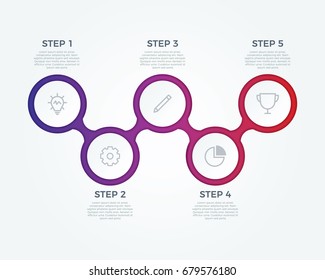 Step By Step Infographic Element On Connected Circles, Charts, 5 Options Diagram, Parts, Process, Vector Template For Business Presentation