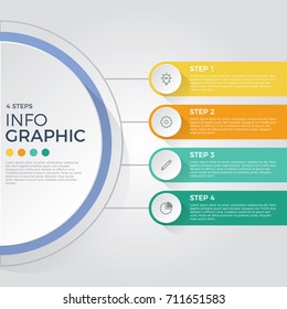 step by step infographic element on connected circles, charts, 4 options diagram, parts, process, vector template for presentation, pamphlet