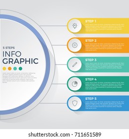 step by step infographic element on connected circles, charts, 5 options diagram, parts, process, vector template for presentation, pamphlet