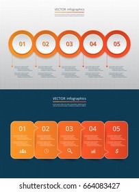 Step by step infographic set. Circles and arrows with 5 numbers and text can be used for workflow layout, diagram, chart, number options, web design, business presentation, trainings.