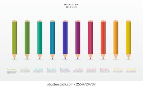 Step by step infographic template with 10 steps, options, parts or processes. Creative pencils concept.
