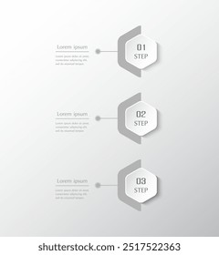 Plantilla de infografía paso a paso con 3 opciones, piezas o procesos. Gris monocromo.