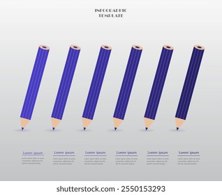 Step by step infographic template with 6 steps, options, parts or processes. Creative pencils concept.